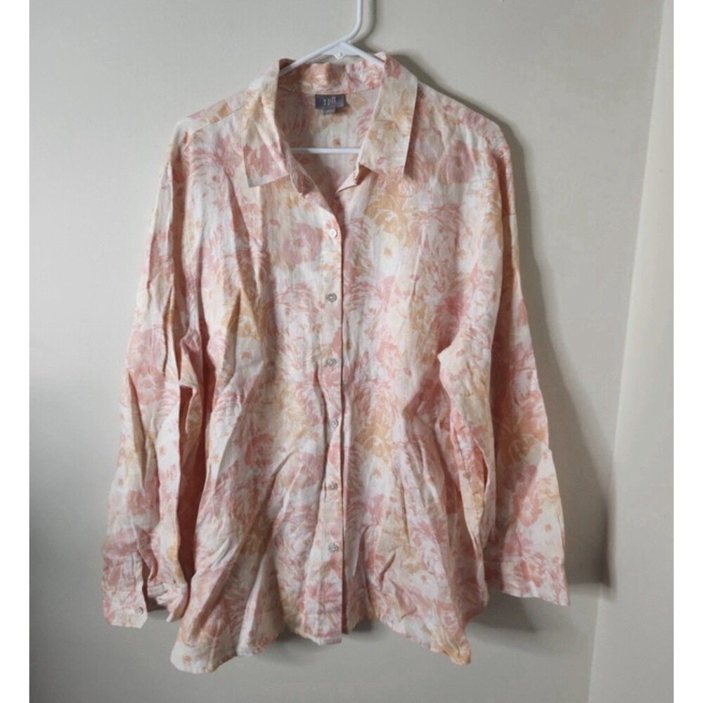 J Jill Tunic Shirt Womens XL Pale Pink Floral Linen Button Up Casual Cottage Top